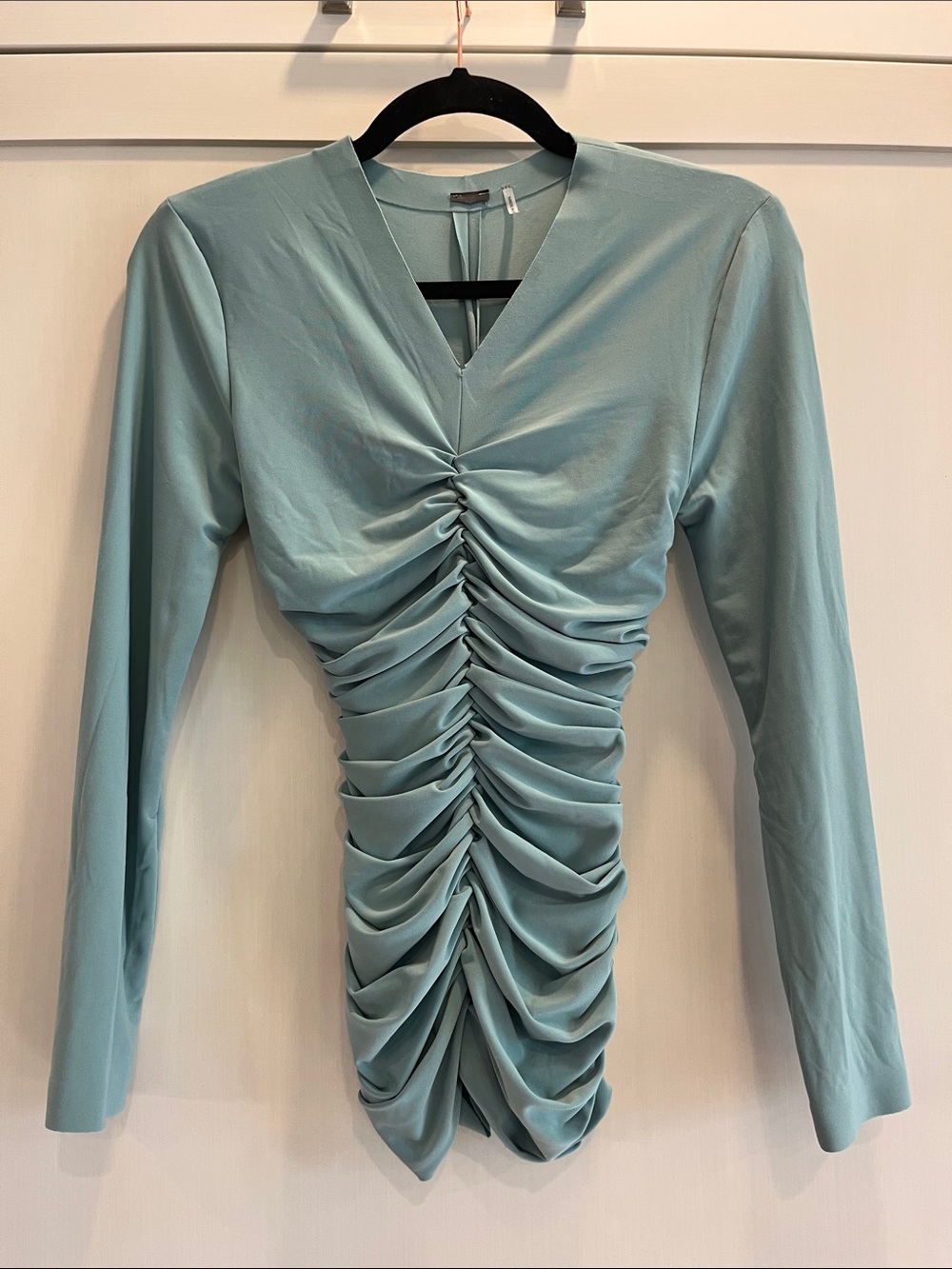 Norma Kamali Light Green Ruched V-Neck Long Sleeve Top